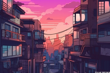anime style city and tower view background