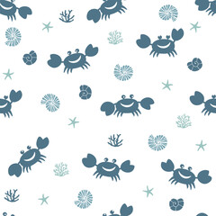 Marine seamless pattern with cute cartoon crabs and shells