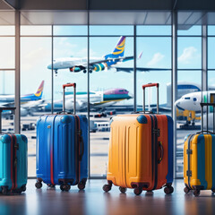 Suitcases luggage at airport, floor to ceiling glass window, a plane parked on the runway, generative AI