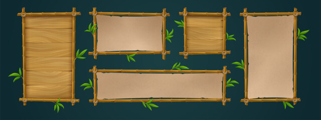 Realistic set of bamboo wood and paper signboards with tropical green leaves isolated on black background. Vector illustration of announcement, menu, map, information board templates for game ui