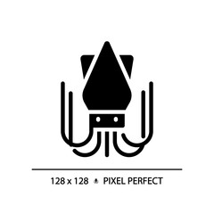 Seafood pixel perfect black glyph icon. Squid meat. Marine food. Fish market. Fresh catch. Sea life. Gourmet meal. Silhouette symbol on white space. Solid pictogram. Vector isolated illustration