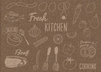 落書き風のシンプルな料理のイラストセット　麻布のテクスチャ