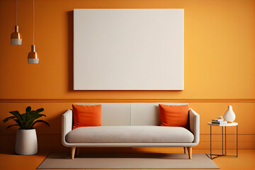 Interior of modern living room with orange walls, orange sofa and white mockup poster. AI Generative