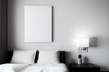 White bedroom interior with a vertical poster mockup on the wall. AI Generative