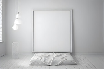 White room interior with an empty poster on the wall. AI Generative