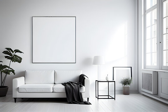 White living room interior with a white sofa, a coffee table and a vertical poster. AI Generative