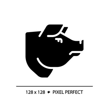 Pork pixel perfect black glyph icon. Pig head. Meat shop. Food industry. Farm animal. BBQ menu. Barbecue restaurant. Silhouette symbol on white space. Solid pictogram. Vector isolated illustration