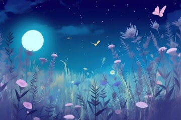 Watercolor at night of a spring meadow full of blooming flowers, birds and butterflies, Floral background, Generative AI