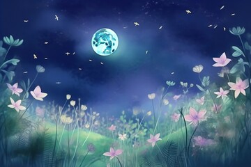 Fototapeta premium Watercolor at night of a spring meadow full of blooming flowers, birds and butterflies, Floral background, Generative AI