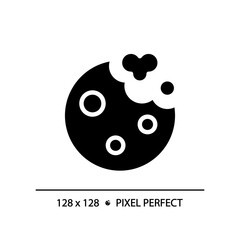 Cookies pixel perfect black glyph icon. Round biscuit. Baked snack. Bakery menu. Sweet treat. Pastry shop. Silhouette symbol on white space. Solid pictogram. Vector isolated illustration