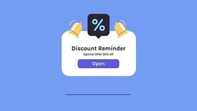 Discount pop up box with a percent sign and notification or message about a gift coupon for the purchase or subscription of a product flat animation.
