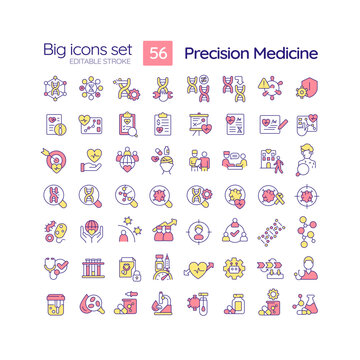 Precision Medicine RGB Color Icons Set. Studying Genome To Prevent Disease. Innovative Treatment Technology. Isolated Vector Illustrations. Simple Filled Line Drawings Collection. Editable Stroke