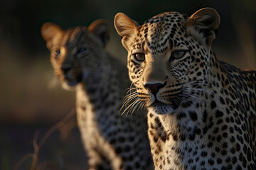 Naklejka premium A Female Leopard and her cub seen on a safari in South Africa