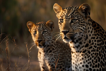 Fototapeta premium A Female Leopard and her cub seen on a safari in South Africa