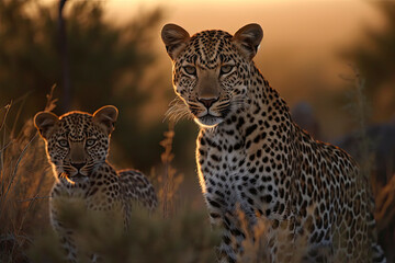 A Female Leopard and her cub seen on a safari in South Africa - obrazy, fototapety, plakaty