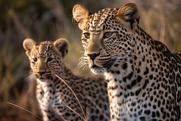 A Female Leopard and her cub seen on a safari in South Africa
