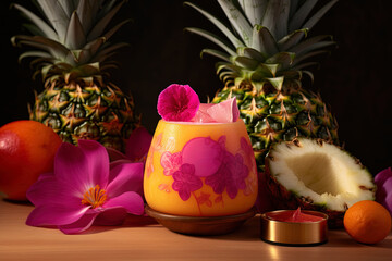 Illustration of a cocktail with pineapple, mango, passion fruit, coconut shell, pink hibiscus flower
