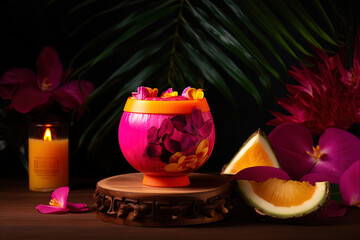 Obraz na płótnie Canvas Illustration of a cocktail with pineapple, mango, passion fruit, coconut shell, pink hibiscus flower