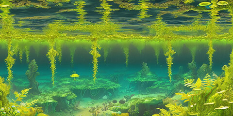 Underwater landscape. Aquatic background. Digital illustration. Generative AI.