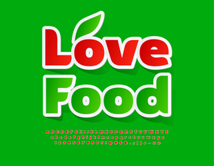 Vector creative poster Love Food with decorative Leaf. Red paper Font. Sticker set of Alphabet Letters, Numbers and Symbols