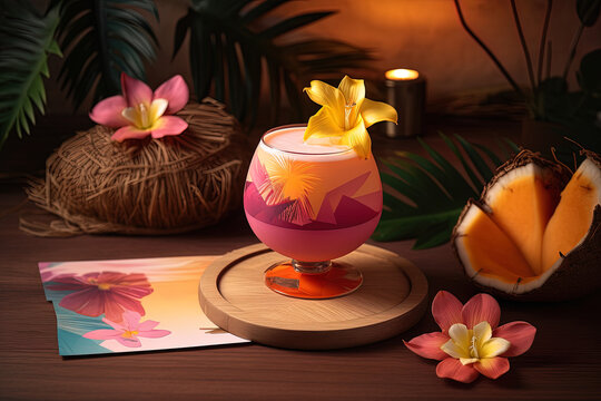 Illustration of a cocktail with pineapple, mango, passion fruit, coconut shell, pink hibiscus flower