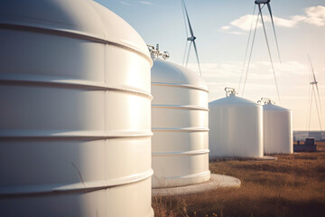 Obraz premium Close-up View Of Hydrogen Storage Tanks In Renewable Energy With Blurred Background