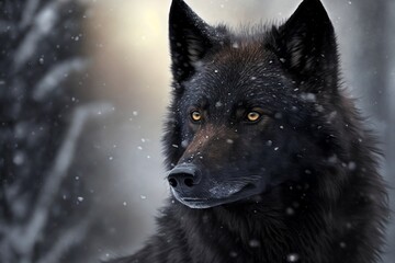 A Close-Up Portrait of a Black Wolf in Winter Snow. Generative AI