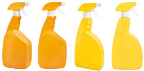 set of orange spray pistol bottle for detergent isolated on transparent.