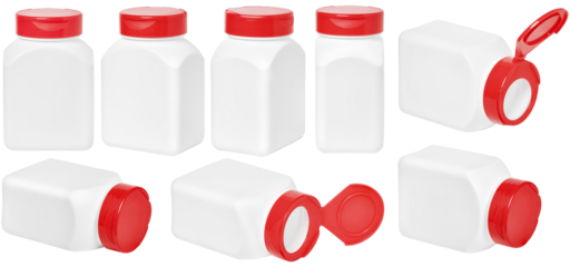 set of Pill jar mockup isolated different angles. Supplement bottle. Pharmacy tablet or capsule medical container