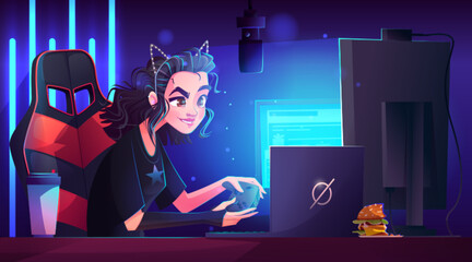 Girl computer gamer character cartoon vector background. Woman play online game in neon room with professional equipment for streaming video with microphone. Streamer workplace with desk and laptop © klyaksun