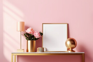 Empty golden photo frame on pink background, created with Generative AI technology.