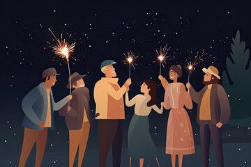 Fototapeta na wymiar Happy family celebrating with sparkler at night party outdoor - Group of people with different ages
