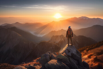 A male hiker stands on the peak of a cliff high in the mountains and looks out at the sunset. 