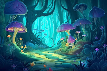 Fototapeta na wymiar Morning Forest. Video Game's Digital CG Artwork, Concept Illustration, Realistic Cartoon Style Background