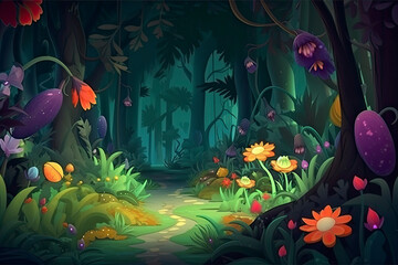 Morning Forest. Video Game's Digital CG Artwork, Concept Illustration, Realistic Cartoon Style Background