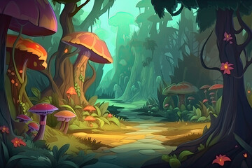 Fototapeta na wymiar Morning Forest. Video Game's Digital CG Artwork, Concept Illustration, Realistic Cartoon Style Background
