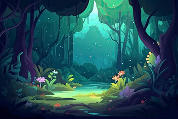 Morning Forest. Video Game's Digital CG Artwork, Concept Illustration, Realistic Cartoon Style Background