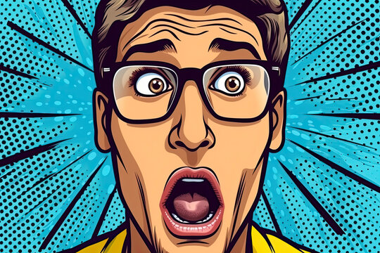 Pop art style Portrait of man in glasses says wow with open mouth to see something unexpected. Shocked guy with surprised expression. Emotions concept