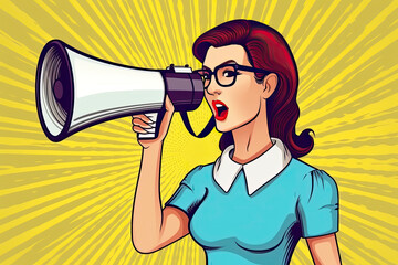 Naklejka premium Pop art girl with megaphone. Woman with loudspeaker. Advertising poster with lady announcing discount