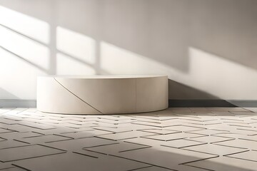 Empty room and cement curve counter podium with texture, soft beautiful dappled sunlight, shadow on white wall
