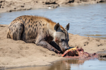 Spotted hyena on the river bank sniffing at dead hippo carcass lying in the water. Scavengers seen on African safari