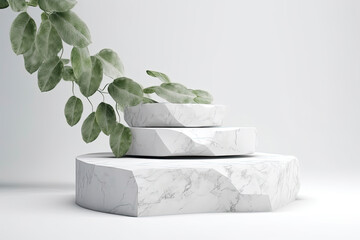 Stone product display podium with nature leaves on white background. 3D rendering