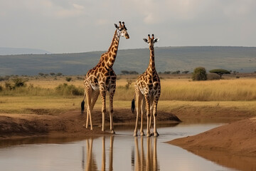 Obraz premium Three reticulated giraffes wait in line at waterhole