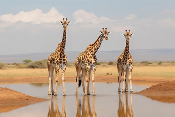 Obraz premium Three reticulated giraffes wait in line at waterhole