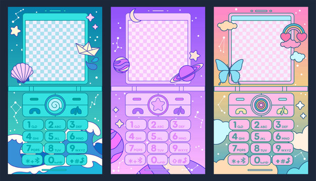 Cute old flip phone backgrounds set. Kawaii stories templates. Social media frames set. 2000s aesthetic, nostalgia vector design, Y2K girly style