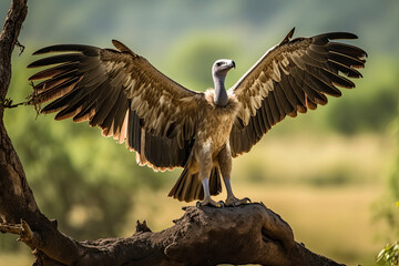 White-backed Vulture (Gyps africanus) spreading wings standing on a branch
