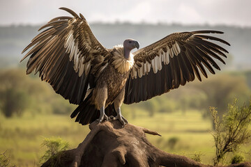 White-backed Vulture (Gyps africanus) spreading wings standing on a branch