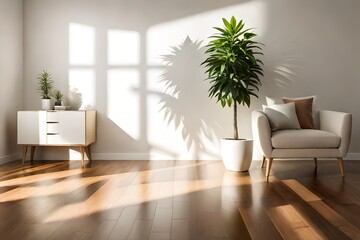Fototapeta na wymiar Blank beige brown cozy room with plant, armchair, table, soft beautiful dappled sunlight, leaf shadow on white wall