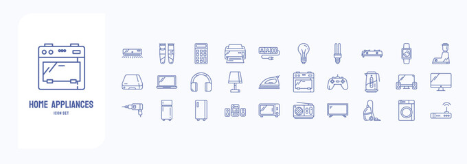 A collection sheet of outline icons for Home appliances, including icons like Printer, Bulb, Microwave oven, Washing machine and more