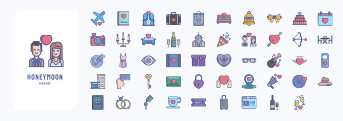 A collection sheet of linear color icons for Honeymoon and romance, including icons like Airplane, Photo album, Bag, Cake and more